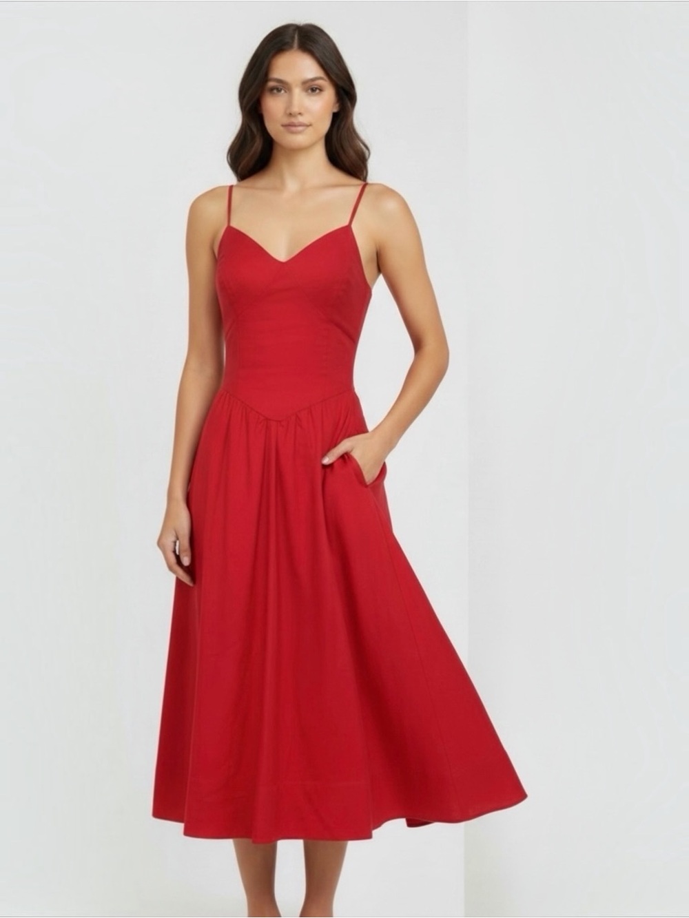 Christian Lacroix Women’s Red Drop Waist Linen Blend Midi Dress with Pockets NEW